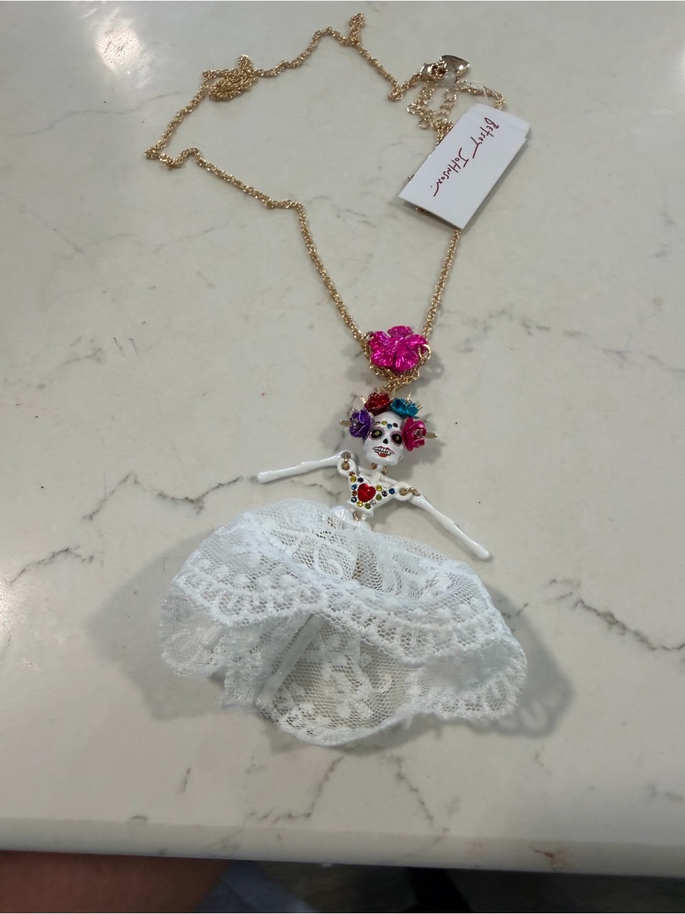 Betsey Johnson Gold Chain Doll Pendant Necklace with White Lace and Pink Accent